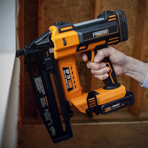 Cordless 20 Volt 16 Gauge Finish Nailer Tool Only With 1300 Shots Per Charge in hand showing power indicator and grip detail