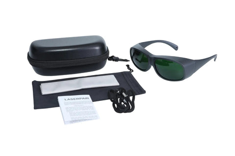 Top Tier Laser Safety Glasses For Handheld Laser Welding And Fiber Rigs Featuring Badass OD8 Plus Din4 Shields with case and accessories.