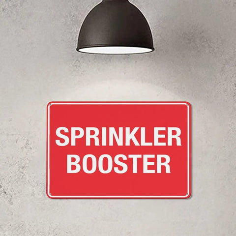 Aluminum Notice Sign 8x12 Inches All Weather Outdoor Ready Built Tough Pro Grade Construction Pre Drilled Holes Industrial Plant And Commercial Building Water Supply Zone Plaque, red sprinkler booster sign on wall
