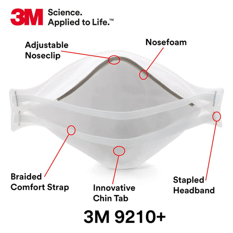 Close-up of Aura N95 Particulate Respirator 9210 Plus with adjustable noseclip and comfort strap, highlighting features.