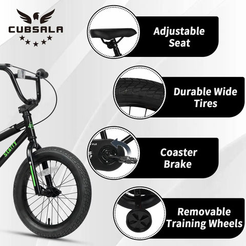 16 Inch Kids Bike For Ages 4 And Up, BMX Style Youth Bicycle details: adjustable seat, durable tires, coaster brake, and training wheels.
