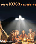Your Go To Camping Light With Stand, Cordless LED Work Light, 2200 Lumens illuminating a group outdoors by a tent.