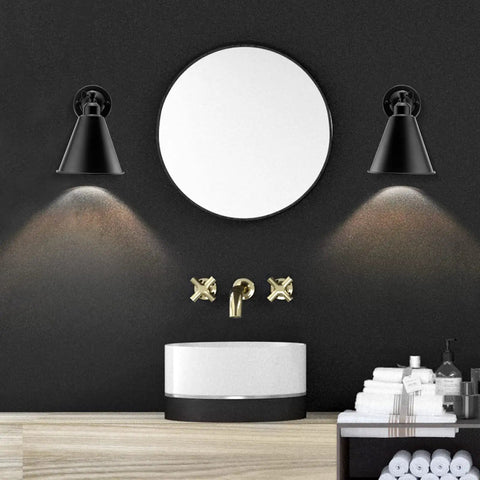 Bathroom with two pack industrial vintage modern matte black wall sconces with adjustable swing arm 180 degree tilt