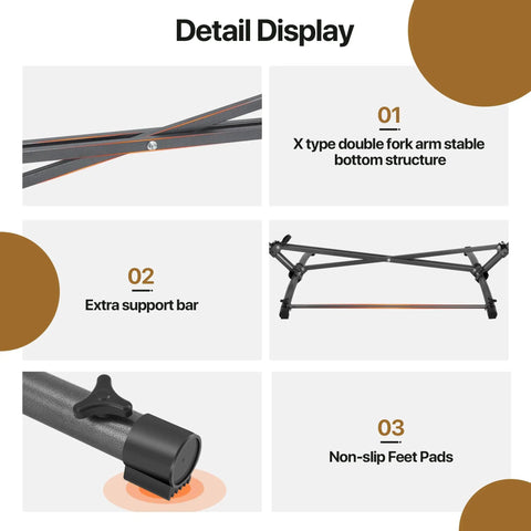 Detail display of portable hammock with folding stand showing double fork arm structure, support bar, and non-slip feet pads.
