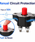 Heavy Duty 50 Amp Push Button Circuit Breaker for Volvo Penta, Mercruiser, Sierra with manual reset button and brass contacts.