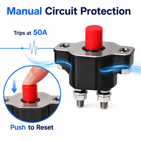 Heavy Duty 50 Amp Push Button Circuit Breaker for Volvo Penta, Mercruiser, Sierra with manual reset button and brass contacts.