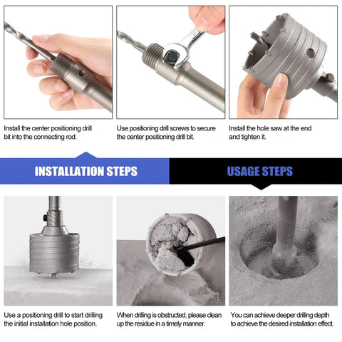 Workhorse Concrete Hole Saw Kit 11 Piece Set With 30 40 65 80 100 MM Bits SDS Plus Max Shank installation steps guide