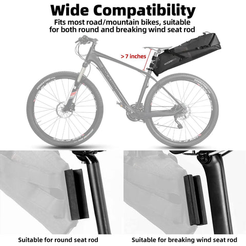 Adjustable 14L Waterproof Bikepacking Saddle Bag For Road And Mountain Bikes With Roll Top Closure showing compatibility details