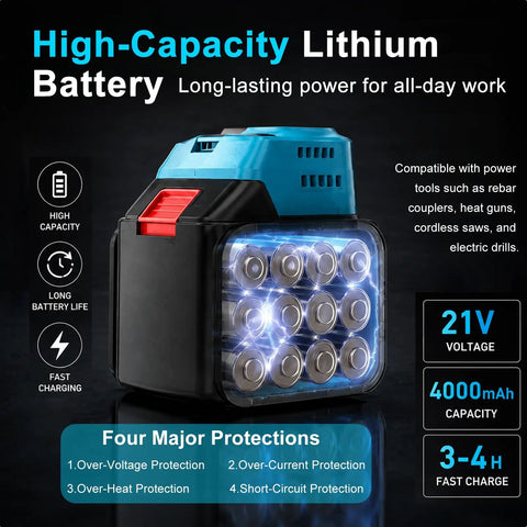 21V Cordless Electric Rebar Coupler Torque Wrench With High Efficiency Brushless Motor And Extreme Power For Concrete Construction Sites high-capacity lithium battery showcasing 4000mAh capacity.