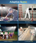 Dimmable LED Work Light 10000Lm 5000K Dual Head With Stand used in various settings like car repair and outdoor camping.