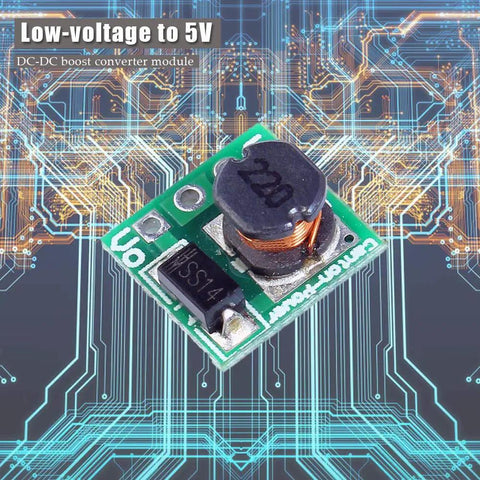 Ultra Tiny 0.9V To 5V DC-DC Boost Converter Module With 5V Output Up To 480mA, green circuit board with electronic components