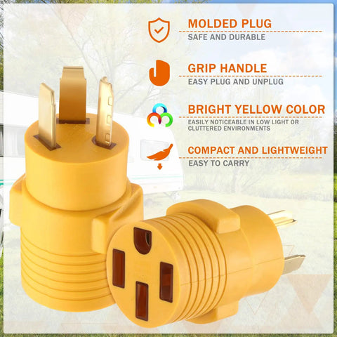 Bright yellow Slick Nema 10-30P to 14-50R adapter showing molded plugs and grip handle for easy electric vehicle charging.