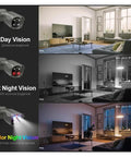Smooth Plug And Play 8MP 4K PoE NVR Security Camera Kit With Smart Motion Detection showing Day Vision and Color Night Vision in a living room.