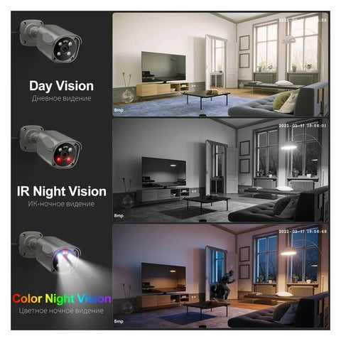 Smooth Plug And Play 8MP 4K PoE NVR Security Camera Kit With Smart Motion Detection showing Day Vision and Color Night Vision in a living room.
