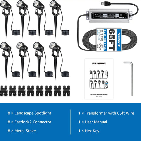 Low Voltage Landscape Lighting Kit With Transformer And 65 Ft Wire, 8 Aluminum Spot Lights For Yard, IP67 Waterproof Outdoor Garden Lights, components laid out