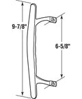 Diagram of Chrome Diecast Patio Door Handle Pull For Sliding Doors With 6 5 8 Inch Hole Centers, ergonomic grip and installation dimensions.