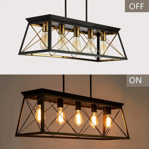 Five Light Farmhouse Rectangular Pendant Chandelier For Dining Room And Kitchen Island, Black Rustic Metal Frame With Brass Gold Sockets, Adjustable Height Chain, E26 Base Bulbs Not Included, 31.5 Inch Long, lit and unlit.