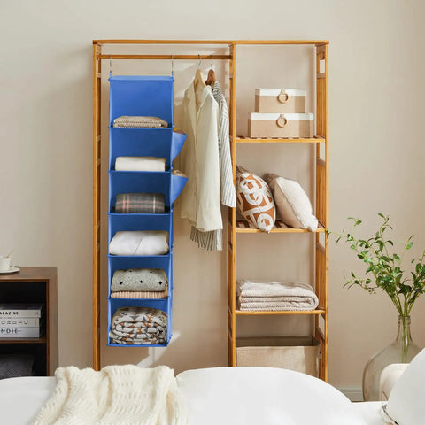 Hanging Closet Organizer With Six Shelves In Blue, Space Saving Hanging Storage Unit For Clothes And Accessories, Durable Nonwoven Fabric