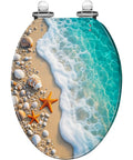 Elongated Resin Toilet Seat with Cover featuring beach scene, seashells, and starfish design.