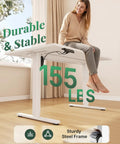 Woman sitting on 48 Inch Electric Standing Desk Height Adjustable Sit Stand Workstation With Silent Motor Memory Presets And Wide White Top.