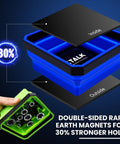 Close-up of Foldable Magnetic Parts Tray Set 4 Pack Color Coded Collapsible Trays With 2 Pound Capacity And Strong Magnetic Base displaying tools.