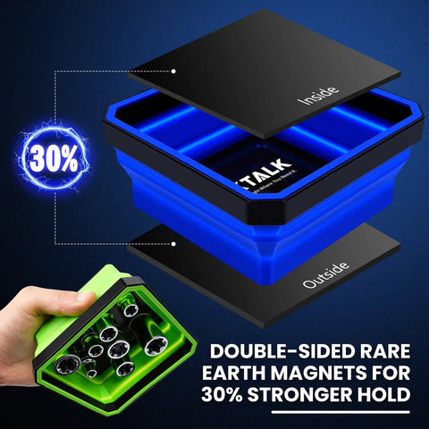 Close-up of Foldable Magnetic Parts Tray Set 4 Pack Color Coded Collapsible Trays With 2 Pound Capacity And Strong Magnetic Base displaying tools.