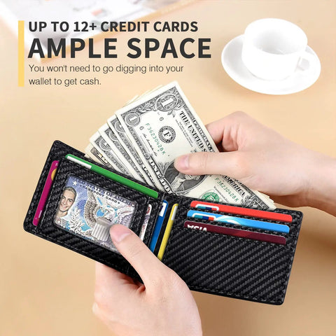 Ultra Slim Leather RFID Blocking Bifold Wallet For Men With 11 Card Slots Front Pocket Minimalist Vibe displaying dollar bills