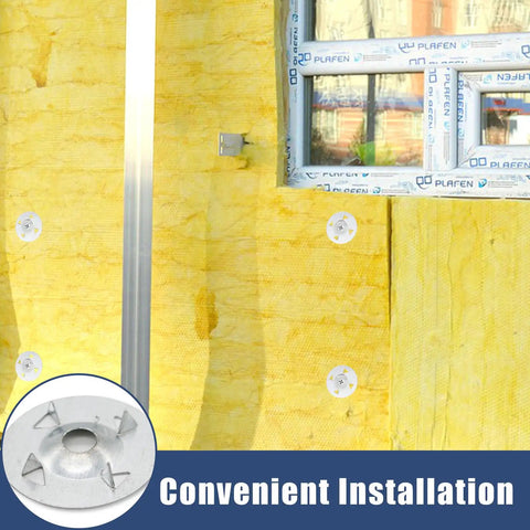 Rock Solid 200 Piece Foam Board Fasteners Kit Features Heavy Duty Galvanized Washers And Stainless Steel Screws For No Sweat Insulation Setup Tough Construction Hardware on yellow insulation wall.