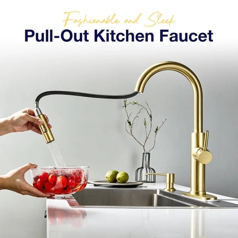 TOYWIA Kitchen Faucets with Pull Down Sprayer, High Arc Single Handle Classic Stainless Steel Sink Faucet 1 or 3 Hole, Suitable for Farmhouse Camper Laundry Rv Bar, Gold with pull-out sprayer washing tomatoes.