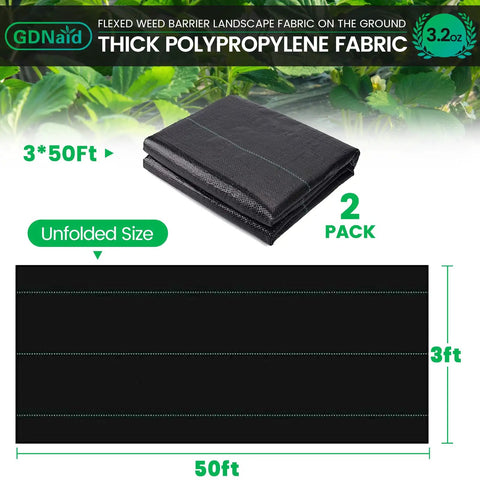 Heavy Duty Weed Barrier Landscape Fabric 3ft X 100ft 3.2oz Woven Garden Cloth For Beds And Lawns Easy Setup Durable Polypropylene Weed Control Cloth For Long Lasting Backyard Landscaping, folded 3x50ft sections in 2 pack