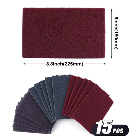 15 Piece Scuff Pad Kit For Auto Body Work General Fine And Ultra Fine Manual Scrubbin Pads with dimensions shown