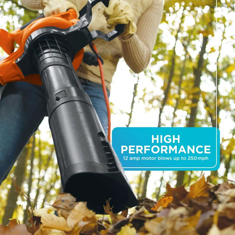 Close-up of 3 In 1 Electric Leaf Blower Vacuum And Mulcher With 12 Amp Power, 250 MPH Air in action, clearing autumn leaves.