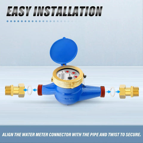Brass Water Meter Coupling Kit 5 Pack 1/2 Inch Male NPT To 1/2 Inch Female BSP Adapters installation diagram with blue water meter.