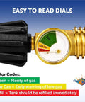 Propane Tank Gauge Level Indicator And Gas Pressure Meter With Color Coded Glow In The Dark Universal For All Cylinders Solid Brass 2 Pack Perfect For Grillin Camping And Outdoor Cooking Never Run Out Propane with color-coded dial showing gas level