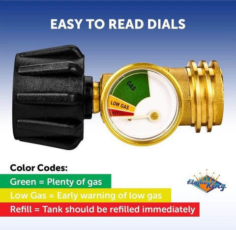 Propane Tank Gauge Level Indicator And Gas Pressure Meter With Color Coded Glow In The Dark Universal For All Cylinders Solid Brass 2 Pack Perfect For Grillin Camping And Outdoor Cooking Never Run Out Propane with color-coded dial showing gas level