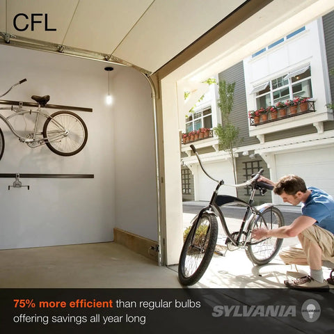 CFL T2 Twist Light Bulbs 60W Equivalent lighting a garage with a bike and person, showcasing energy efficiency and brightness