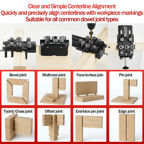 Precision Doweling Jig Kit With Adjustable Drill Guide And One Quarter Three Eighth One Half Inch Bushings Pro Grade Quick Clamp System For Straight Holes In Furniture Cabinets DIY Wood Joints Center Line Pointer For Perfect Alignment