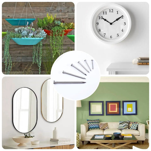 Collage with 500Pcs Stainless Steel Wall Nails Set for hanging frames, mirrors, and clocks, showcasing uses in home decor