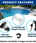 Product features of Flow Switch GLX-FLO-RP Replacement For Goldline Aquarite with Teflon tape, cable cord, and stainless steel materials.