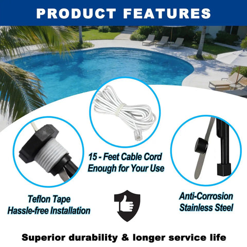 Product features of Flow Switch GLX-FLO-RP Replacement For Goldline Aquarite with Teflon tape, cable cord, and stainless steel materials.