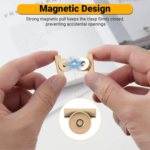 Demonstrating 24 Pairs 14mm Magnetic Snaps For Purses And Totes No Sew Closures With Install Tool in use, gold finish.