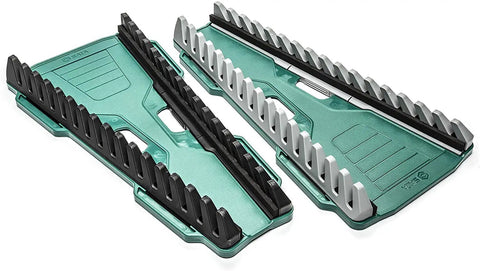 16 Slot Reversible Wrench Rack Set For SAE And Metric Tools Up To 1 Inch, 2 Pack, Adjustable Design, green and black racks