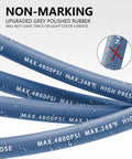 Blue pressure washer hose with 4800 psi max markings and water droplets.