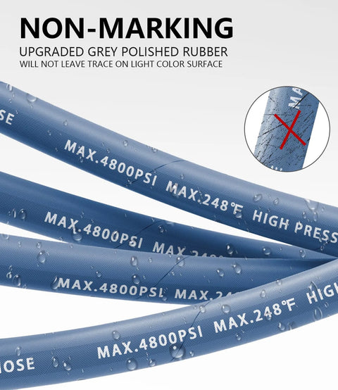 Blue pressure washer hose with 4800 psi max markings and water droplets.