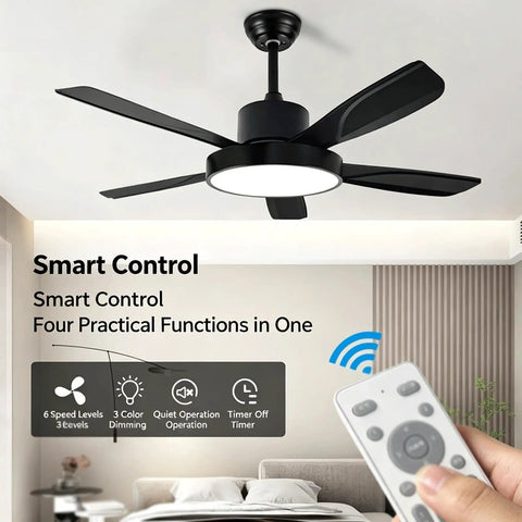 YPDJVLTI Ceiling Fans Lights 42-52Inch Ceiling Lamp with remote, black finish, and five blades in living room setting.