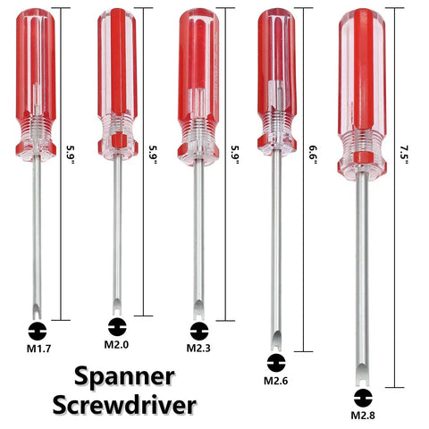 Premium Five Piece Metric Spanner Screwdriver Set With Strong Magnetic Tips And Ergonomic Handle, M1.7 to M2.8 sizes displayed.