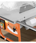 Close-up of Badass Mini Table Saw Station Built For Road Ready Woodworkers featuring adjustable angle and cutting blade.