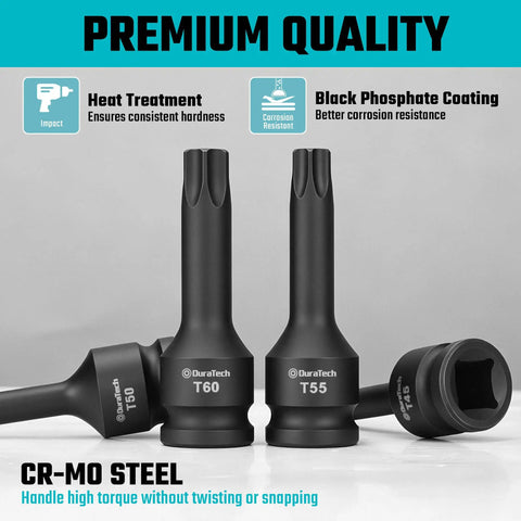 Close-up of T50 T55 T60 bits from Eight Piece Impact Torx Bit Set With One Half Inch Drive Including T30 T40 T45 T50 T55 T60 T70 T80 Bits In Chromoly Steel With Manganese Phosphate Coating One Piece Solid Construction All In A Durable Storage Case, highlighting corrosion resistance and heat treatment.