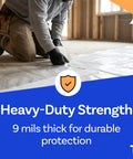 Person applying Badass 4 Inch X 180 Foot Vapor Barrier Tape Rock Solid 9 Mil White Polyethylene Sealant in crawl space.