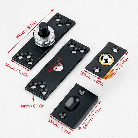 Hidden Door Pivot Hinge Concealed 360 Rotation Heavy Duty Up To 220lbs With 10 Steel Balls For Bookcase And Wooden Doors Stainless Steel Eujgoov Designed For Smooth Quiet Operation In Residential And Commercial Settings. Black metal components with measurements.